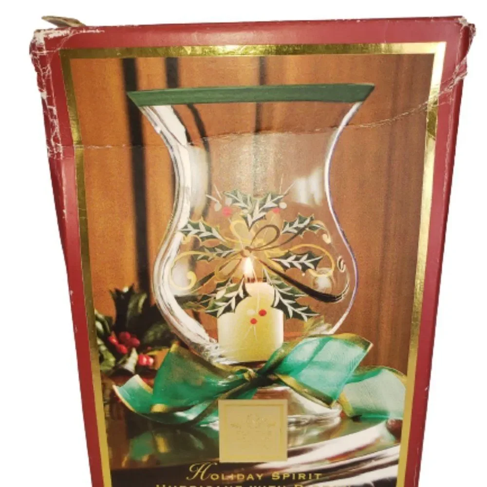 Lenox Holiday Spirit Hurricane with Ribbon Holly Crystal Candle Holder  NIB